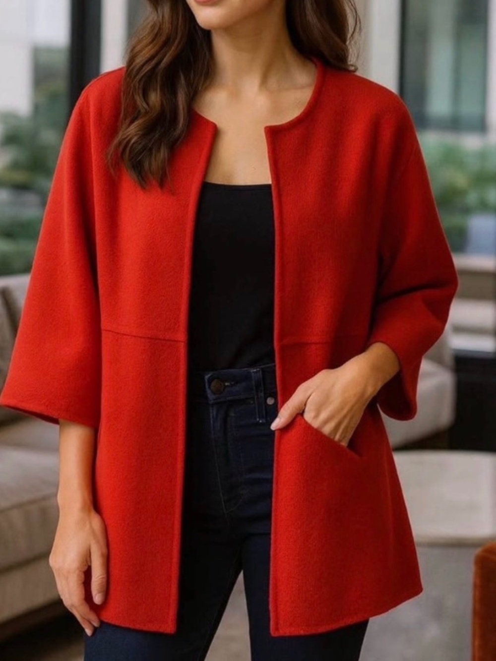 Eileen Fisher 2X Red Wool Blend Open sweater jacket W/ pockets Retail $298